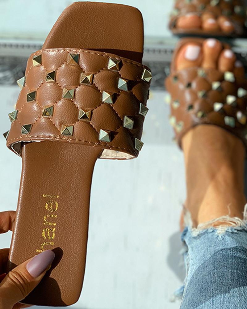 

Quilted Rivet Decor Square Toe Flat Sandals, Brown