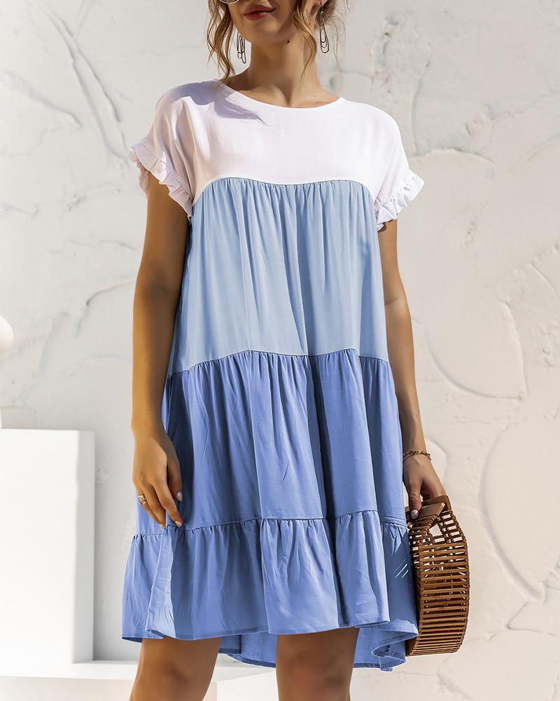 

Colorblock Frill Hem Short Sleeve Casual Dress, Blue