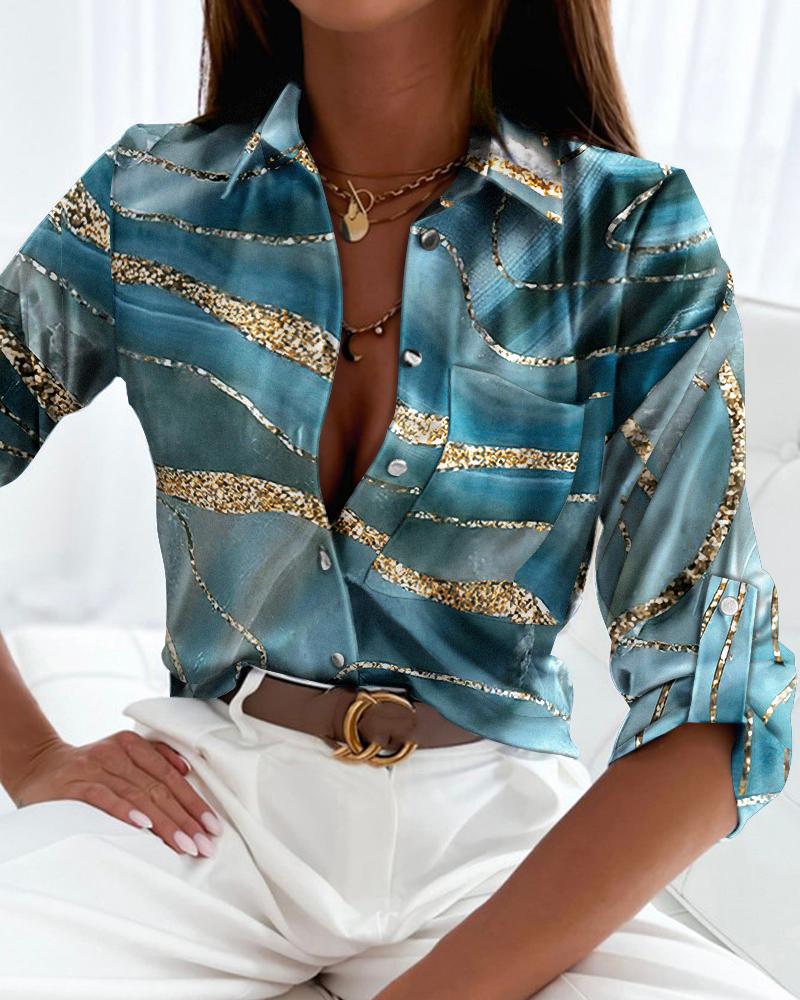 

Blue Marble Print Long Sleeve Button Down Shirt, Multicolor