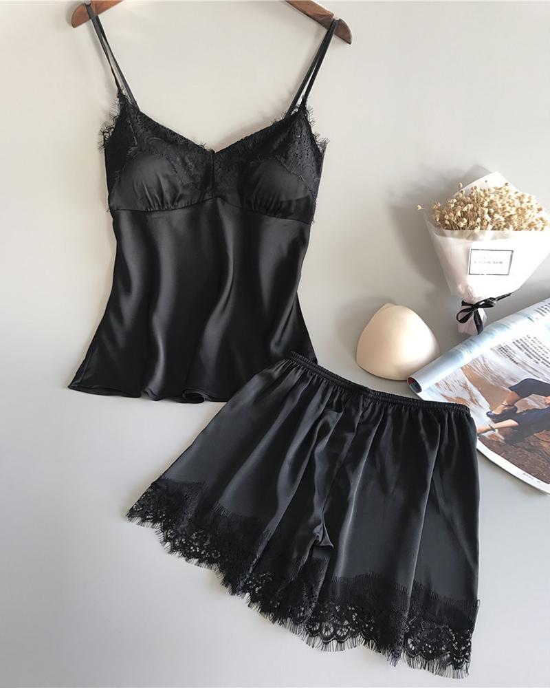 

Eyelash Crochet Lace Patch Satin Cami Set, Black