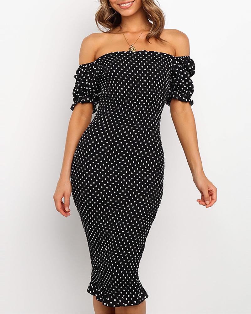 

Off Shoulder Polka Dot Print Frill Hem Dress, Black