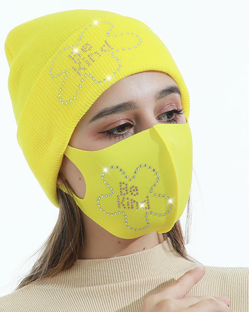 

Star / Letter / Floral / Butterfly Pattern Studded Beanie With Face Mask, Yellow