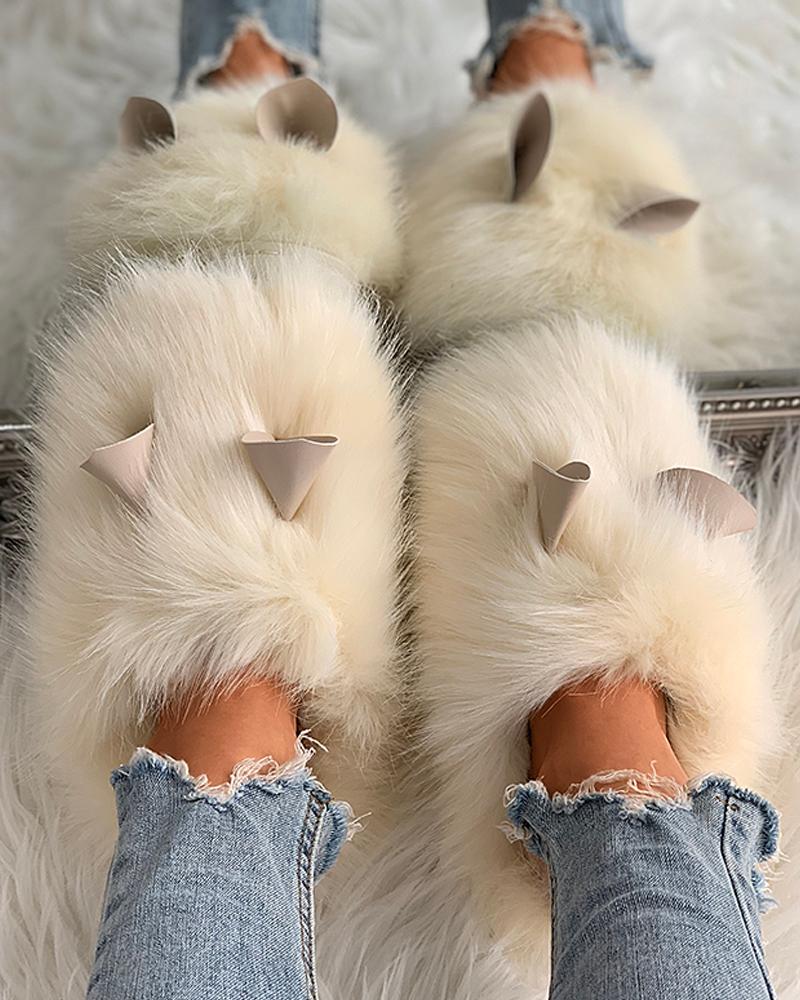 

3D Ear Design Fluffy Slippers, Beige