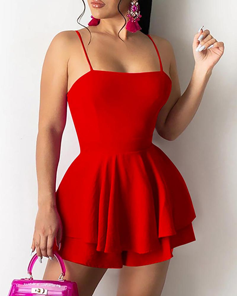 

Spaghetti Strap Layered Ruched Casual Dress, Red