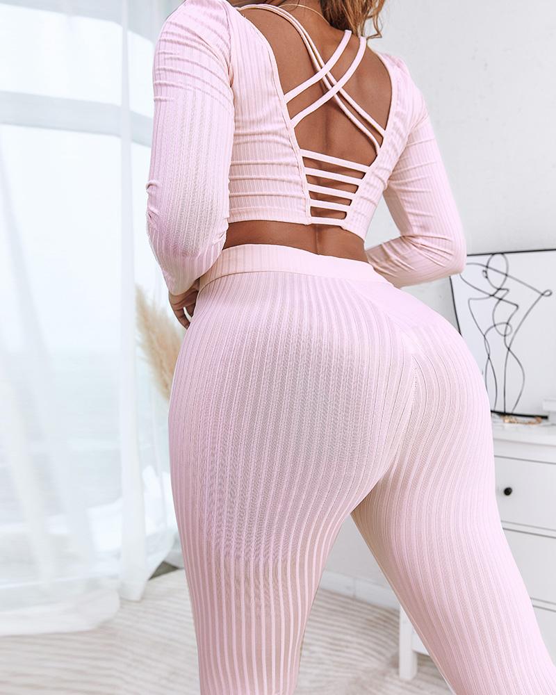 

Crisscross Backless Ribbed Butt Lifting Yoga Set, Pink