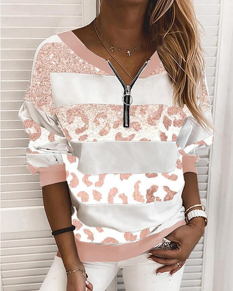 

Striped Glitter Print Zip Front Long Sleeve Top, Pink