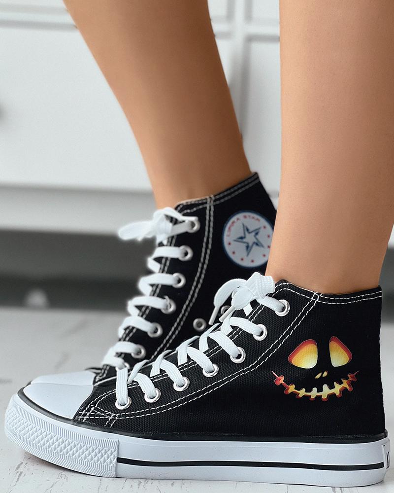 

Halloween Scary Face Print Lace-up Canvas Sneakers, Black