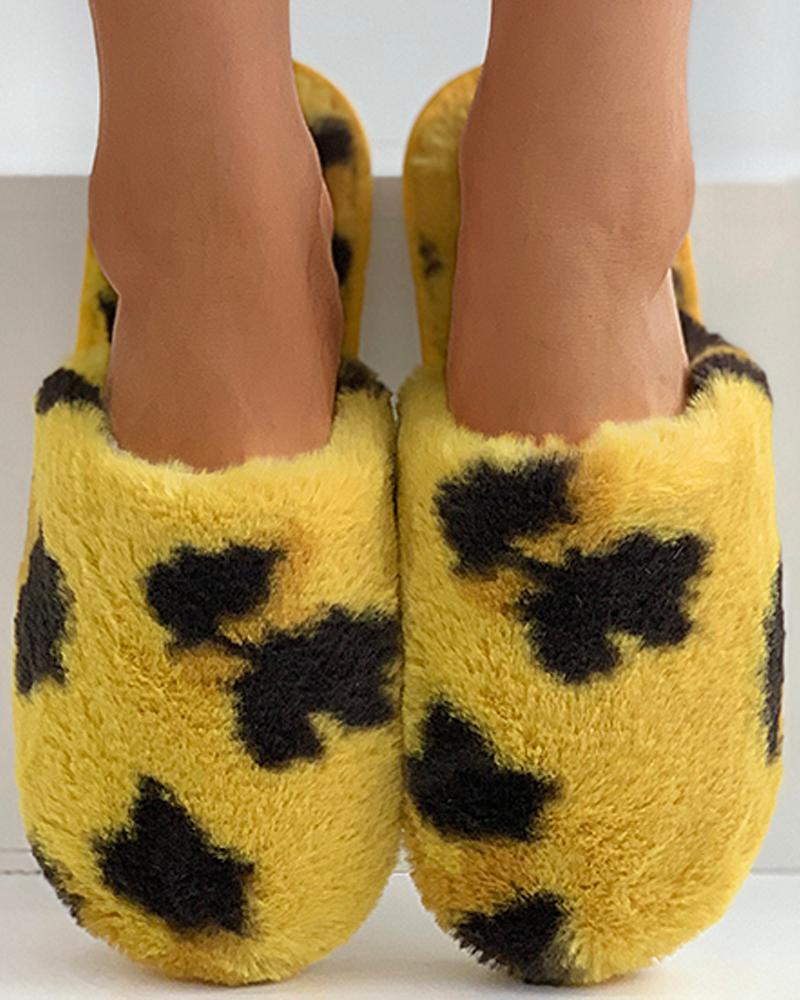 

Cheetah Print Close Toe Fluffy Slippers, Yellow