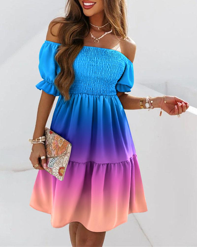 

Ombre Off Shoulder Shirred Swing Dress, Multicolor