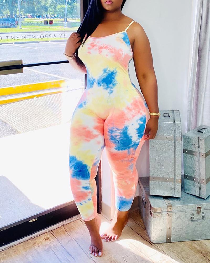 

Spaghetti Strap Tie Dye Print Skinny Jumpsuit, Pink