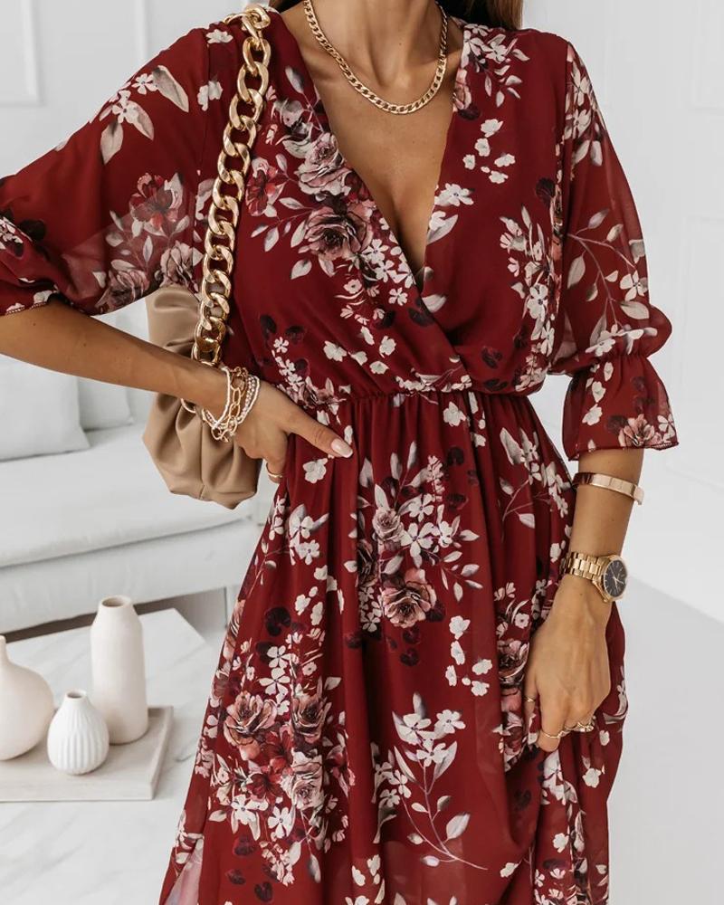 

Floral Print Bell Sleeve Slit Wrap Dress, Wine red