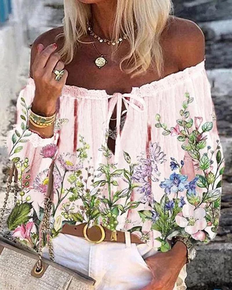 

Off Shoulder Floral Print Tie Front Top, Pink