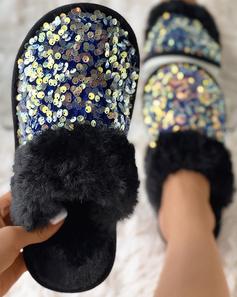 

Contrast Sequin Fuzzy Trim Slippers, Black
