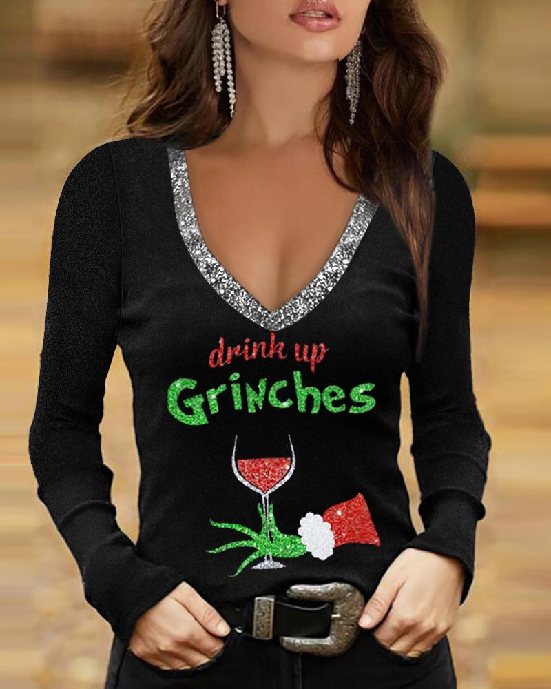 

Christmas Letter Wine Glass Grinch Print Long Sleeve Top, Black