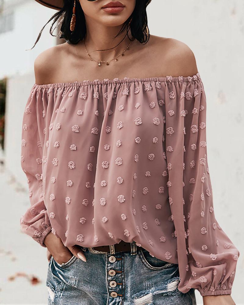 

Off Shoulder Swiss Dot Lantern Sleeve Top, Pink