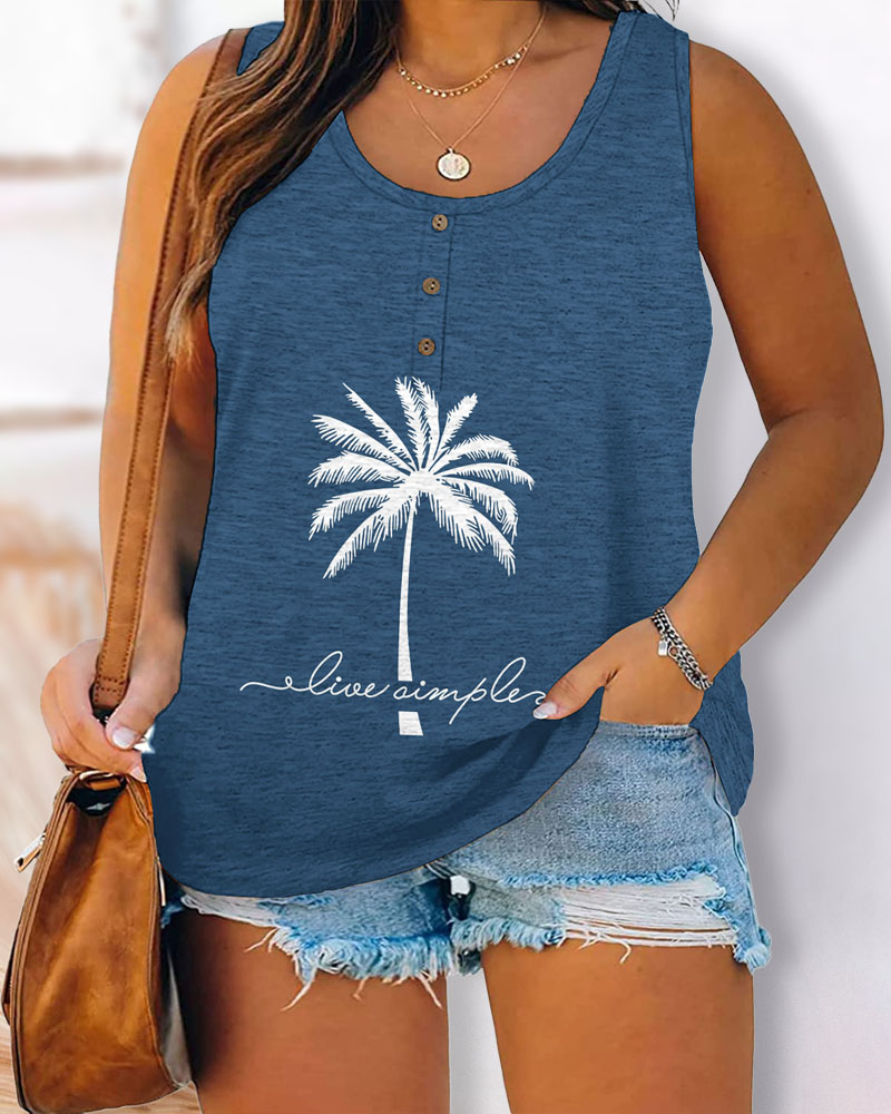 

Plus Size Coconut Tree Slogan Print U-Neck Sleeveless Top, Blue