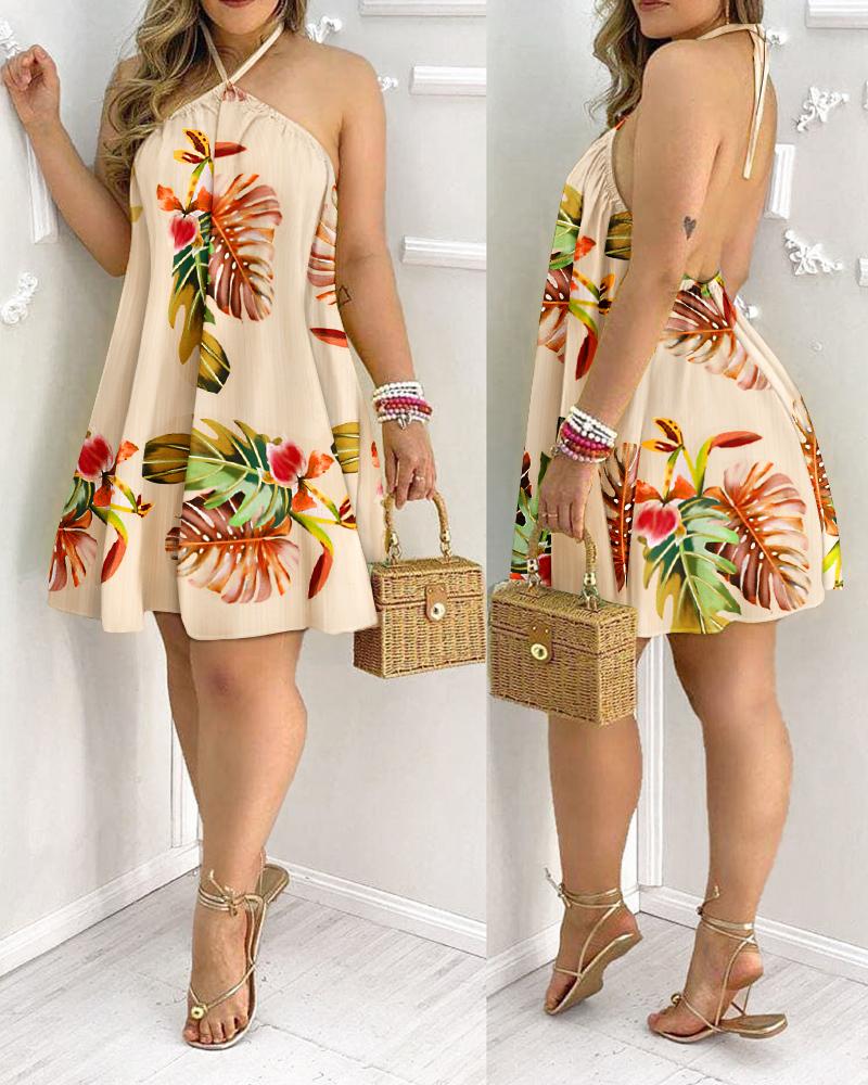 

Tropical Print Halter Backless Casual Dress, Yellow