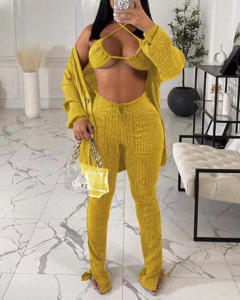 

Lantern Sleeve Buttoned Coat & Slit Pants Set With Bralette, Yellow