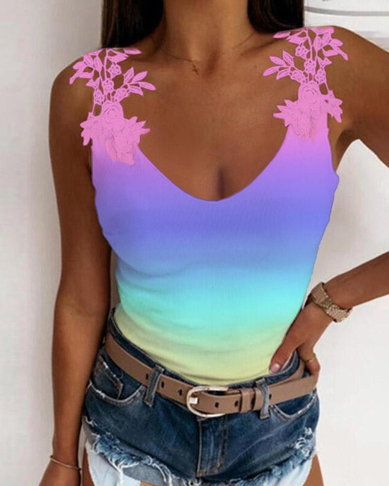 

Ombre Contrast Lace V-Neck Tank Top, Purple