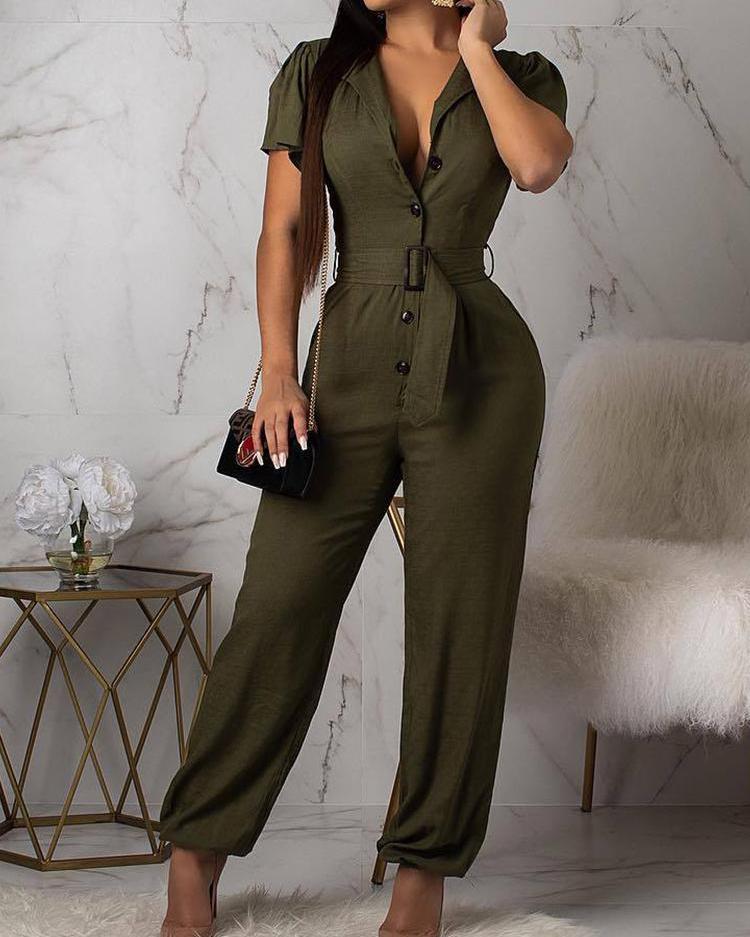 

Short Sleeve Casual Jumpsuit With Belt, Army green