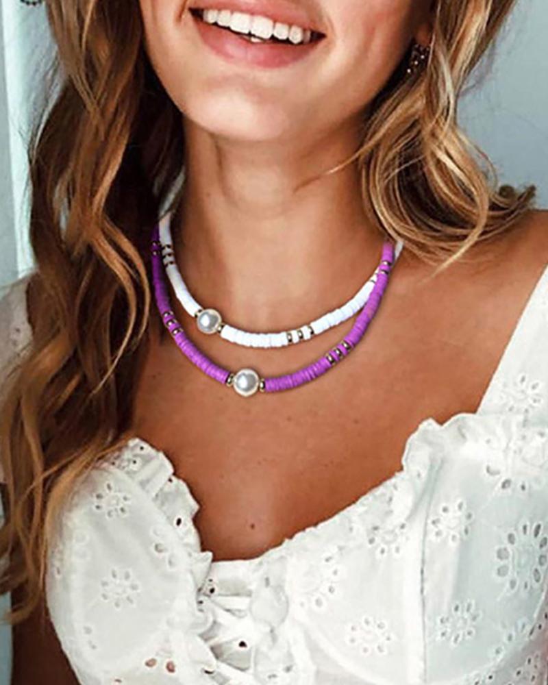 

2PCS Beaded Decor Layered Clay Choker Necklace, Style2