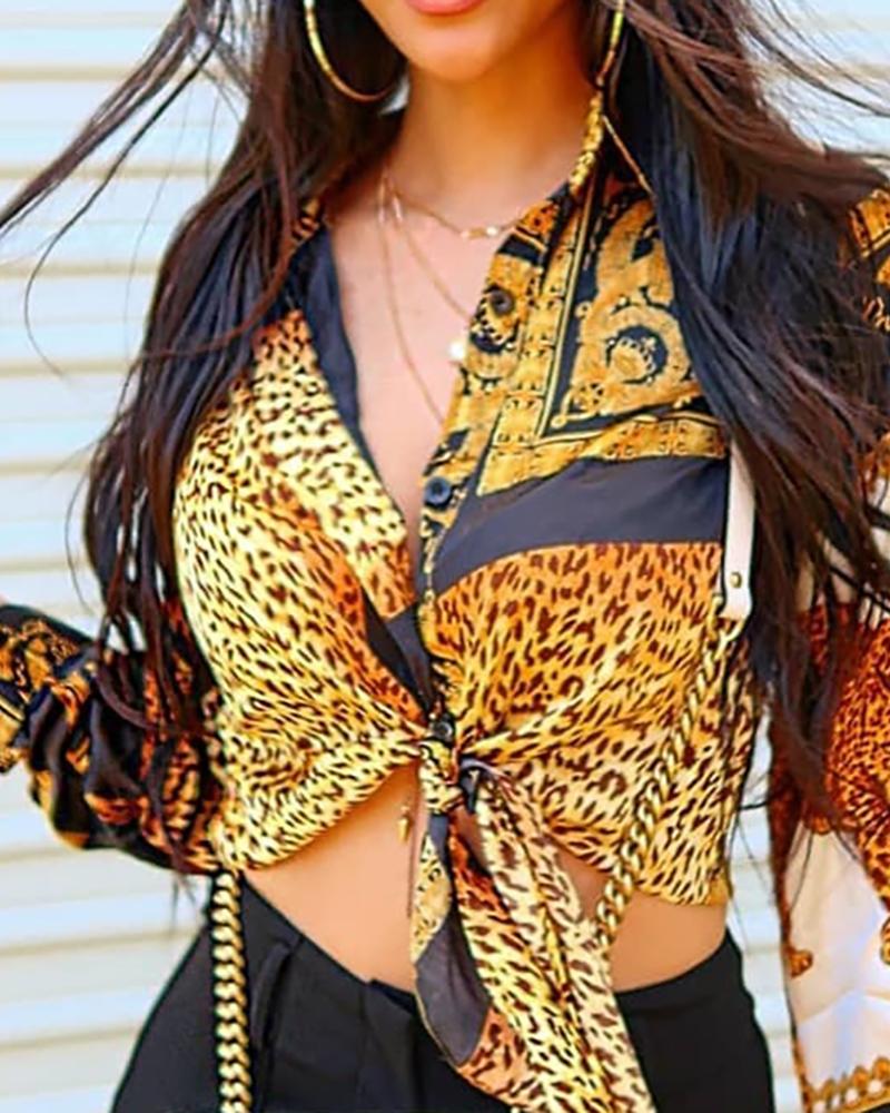 

Leopard Baroque Print Knot Front Long Sleeve Top, Dark yellow