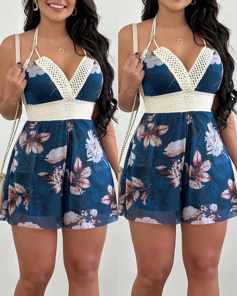 

Floral Print Contrast Lace Halter Romper, Purplish blue