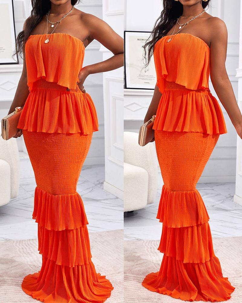 

Bandeau Shirred Ruffle Hem Layered Dress, Orange