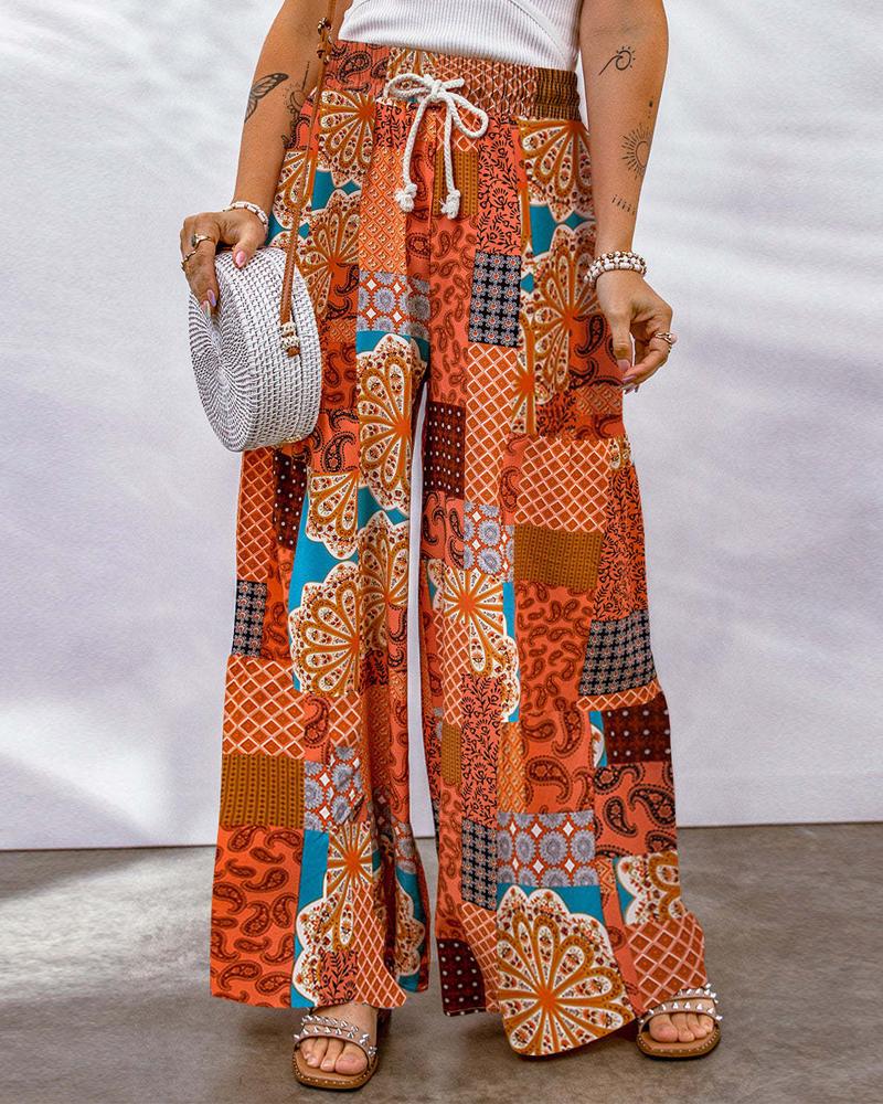 

Scarf Print Drawstring Waist Wide Leg Pants, Orange