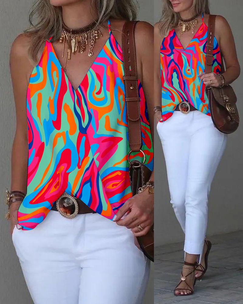 

Abstract Print Halter Sleeveless Wrap Tank Top, Multicolor