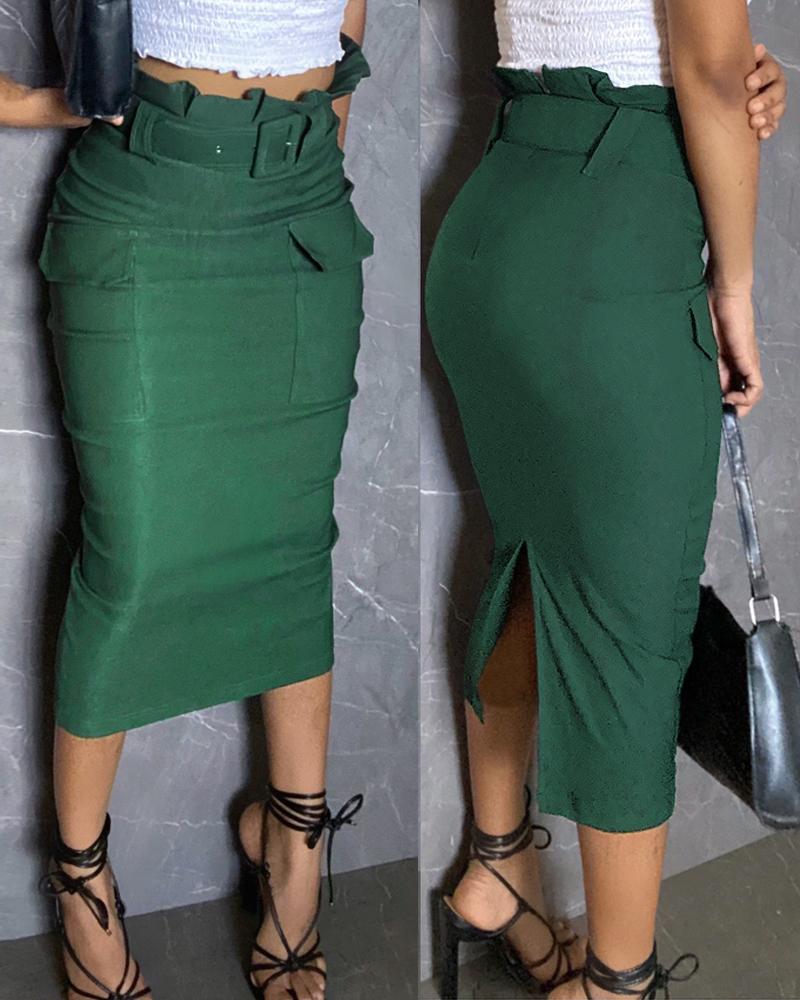 

Saia cargo com cinto e cintura alta na altura da panturrilha, design casual com bolsos e babados na bainha, Army green