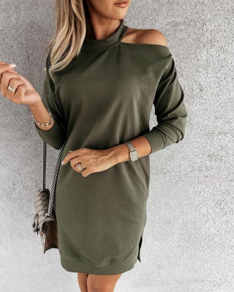 

Cold Shoulder Pocket Detail Split Hem Sweatshirt Dress, Green