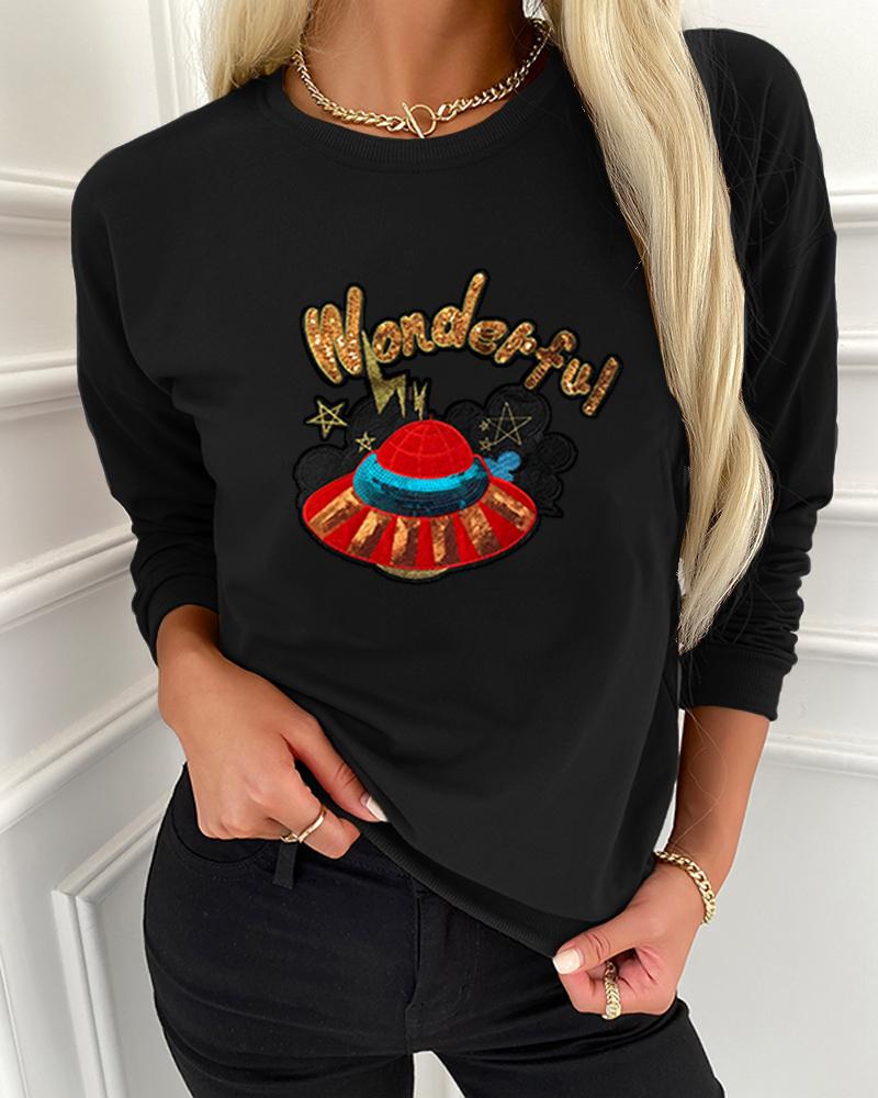 

UFO Cartoon Print Long Sleeve T-shirts, Black