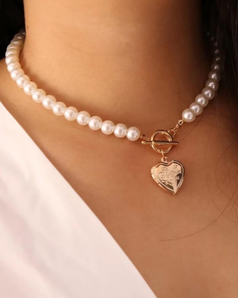 

1pc Faux Pearl Heart Pendant Necklace, Gold