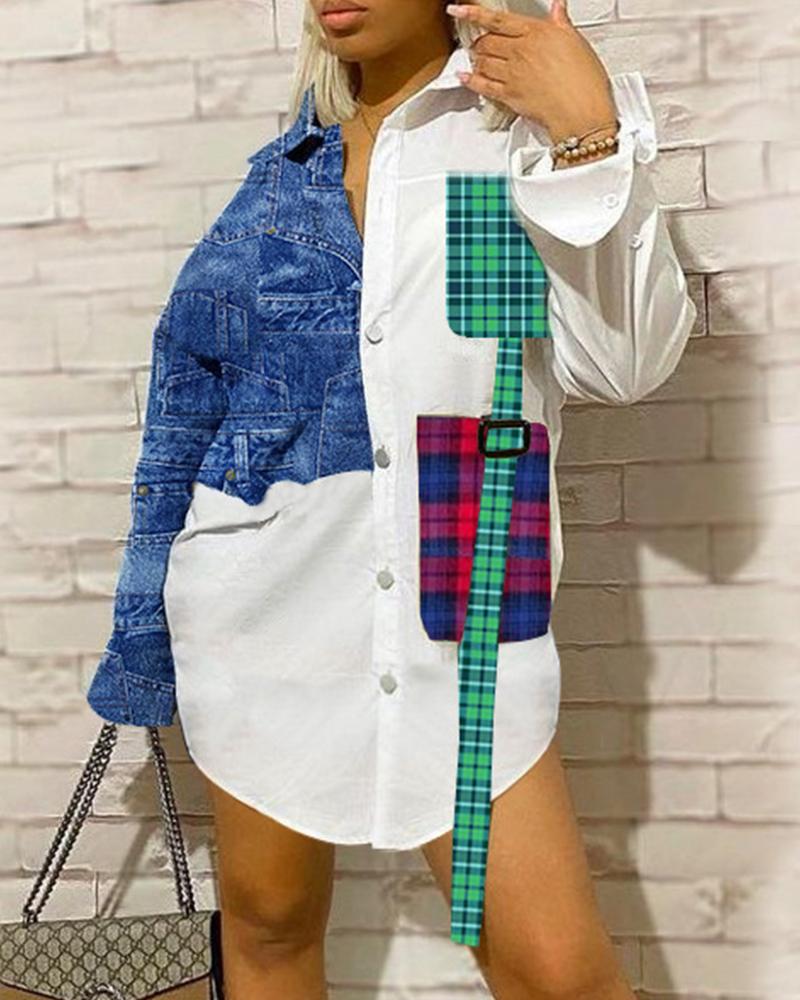 

Color Block Splicing Plaid Long Sleeve Shirt Mini Dress, White