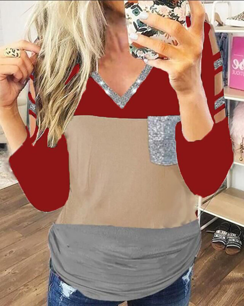 

Sequins Colorblock Long Sleeve Top, Red