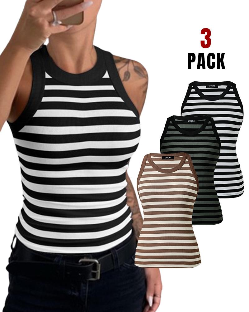 

3-Pack Striped Round Neck Slim Fit Racer Back Ribbed Tank Top, Style1