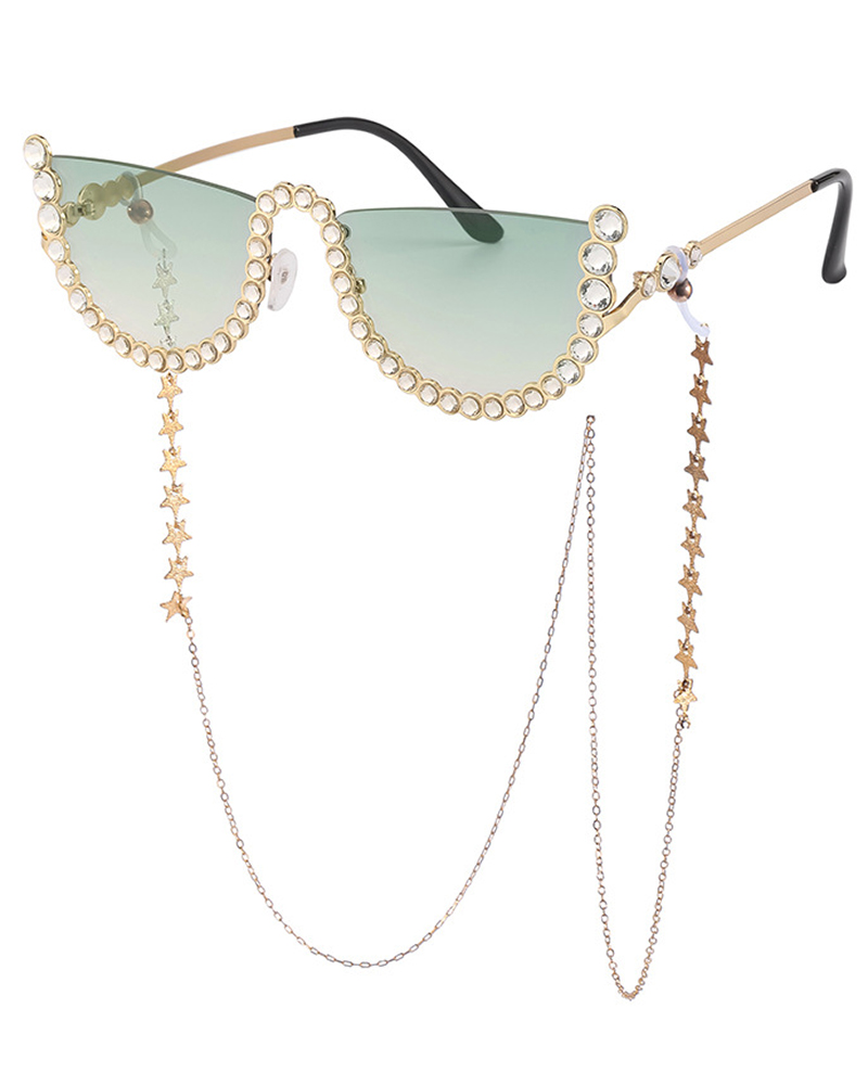 

Half Rhinestone Frame Tinted Lens Flat Top Sunglasses With Chain, Green