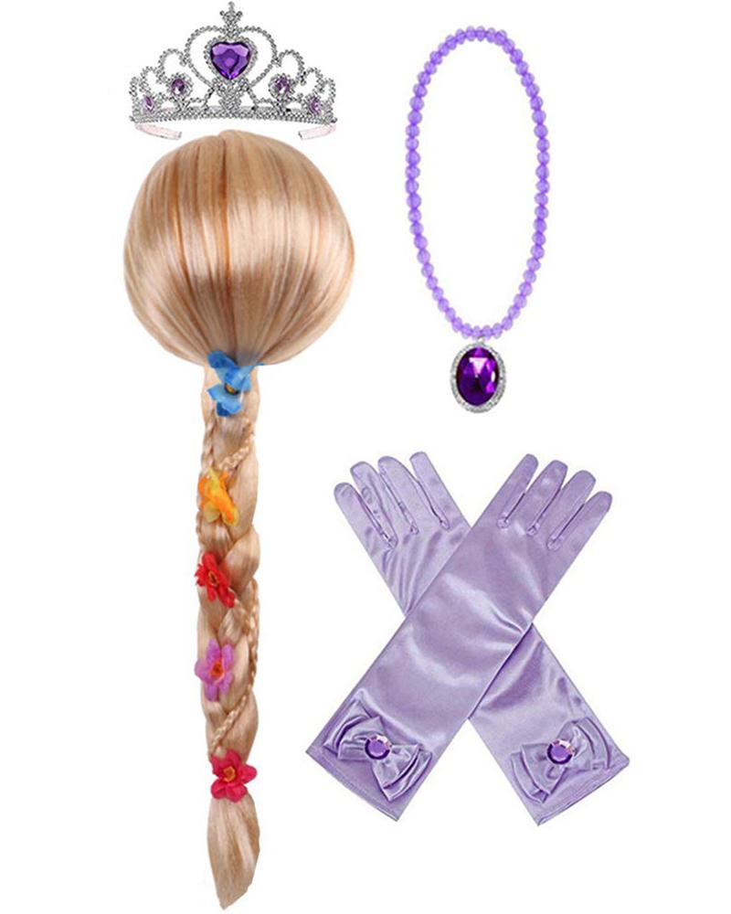 

4pcs Halloween Little Girls Mermaid Princess Hair Wig Gloves Necklace Crown Kids' Costume Accessories Set, Gold