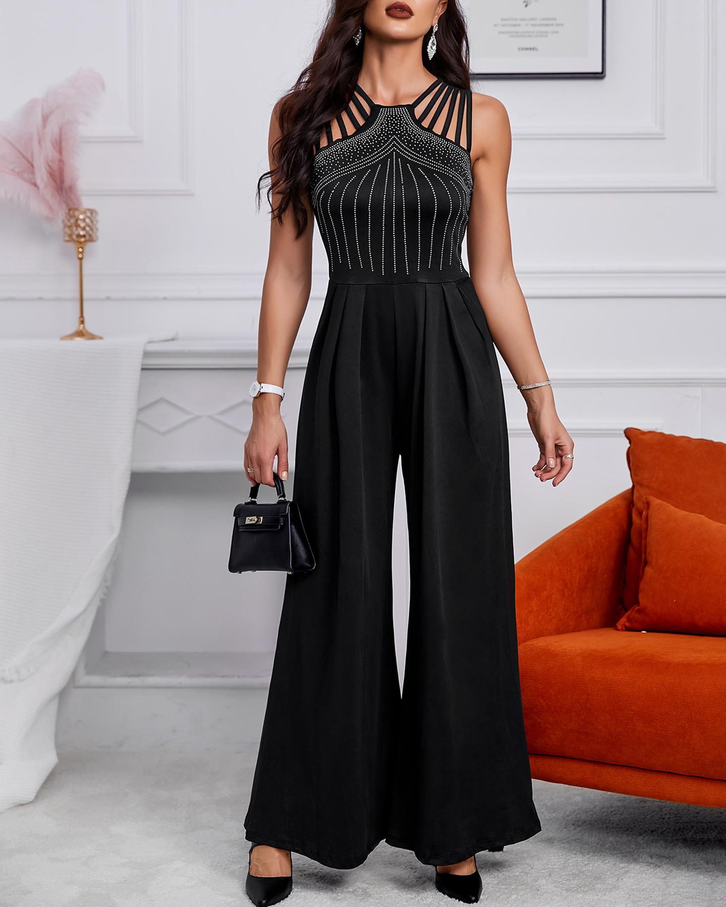 

Rhinestone Cutout Ruched Wide Leg Jumpsuit, Black