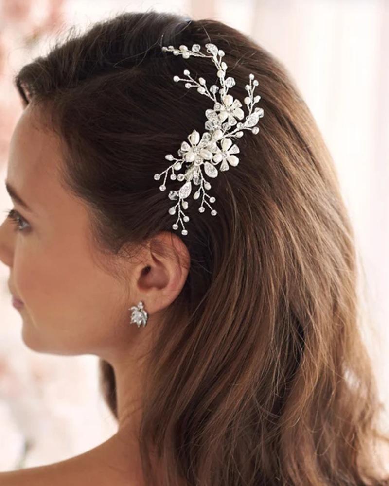 

1pc Wedding Bridal Hair Comb Clip Leaf Pearl Hairpin Crystal Floral Jewelry Headpiece, Silver