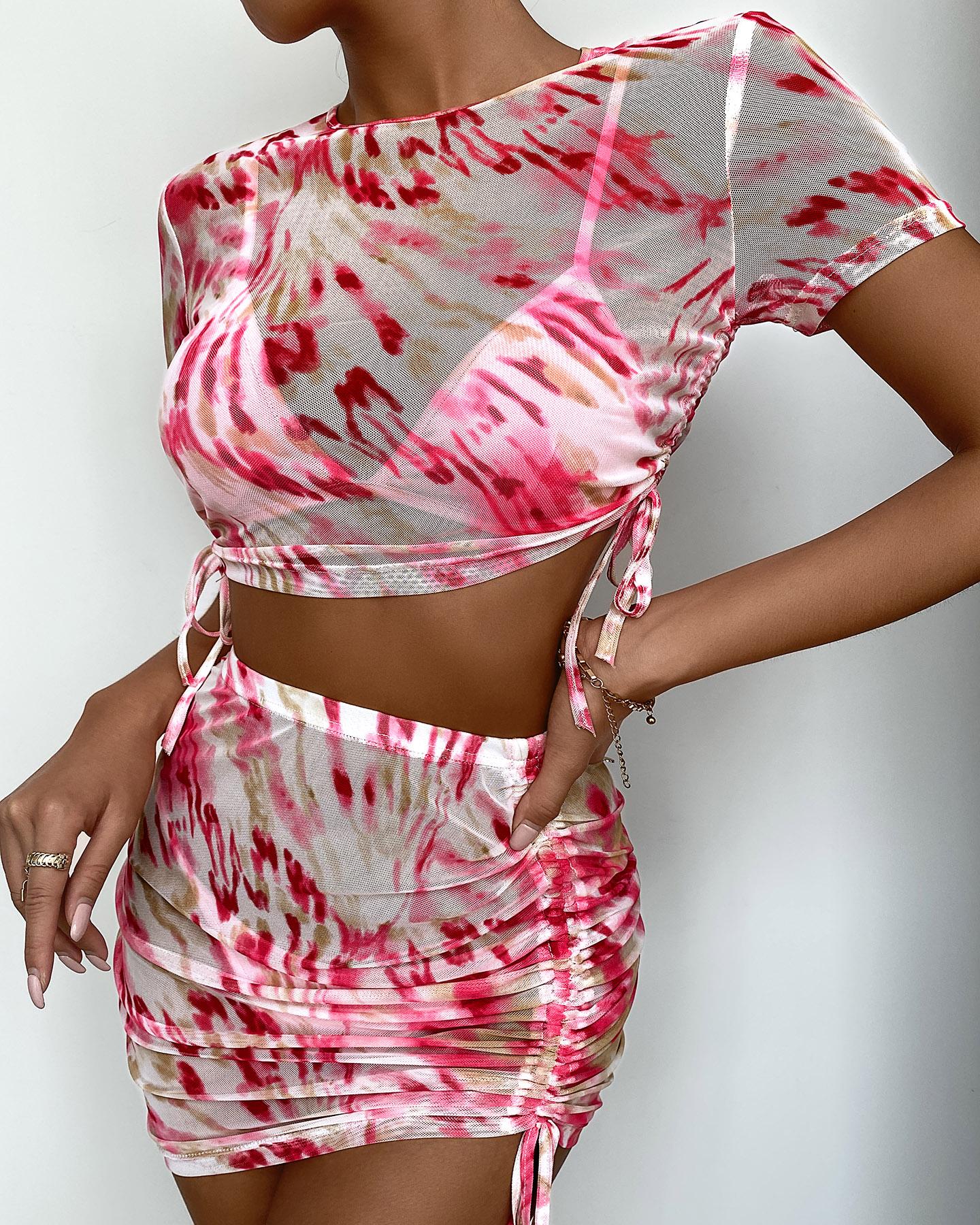 

4PCS Tie Dye Print Drawstring Bikini Set, Pink