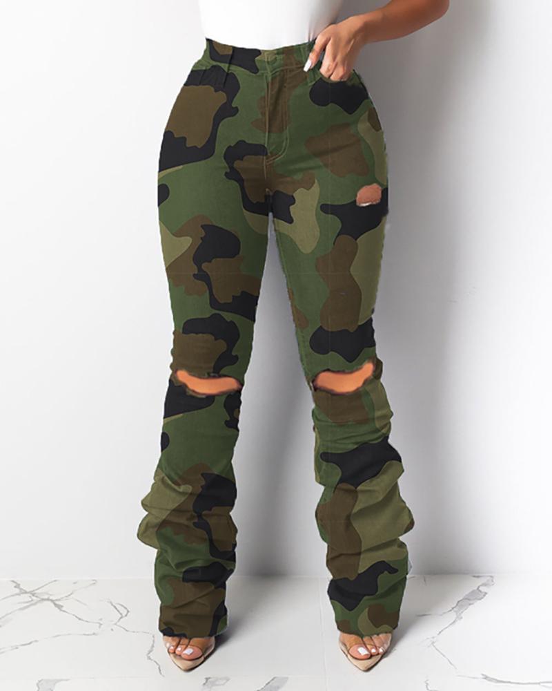 

High Waist Camouflage Cut Out Ruched Layered Pants, Army green