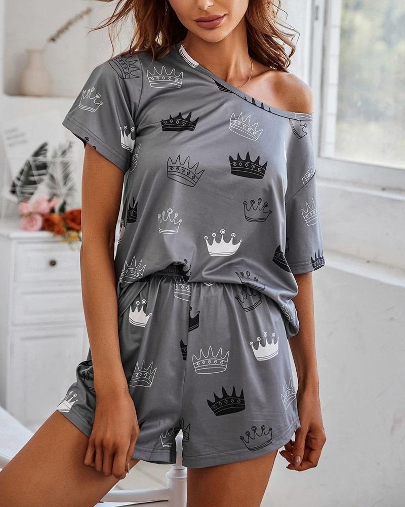 

Crown Print High Waist Pajamas Set, Gray