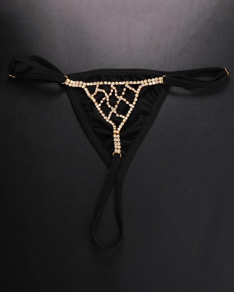 

1pc Hollow Out Rhinestone Decor Thong Panty, Gold
