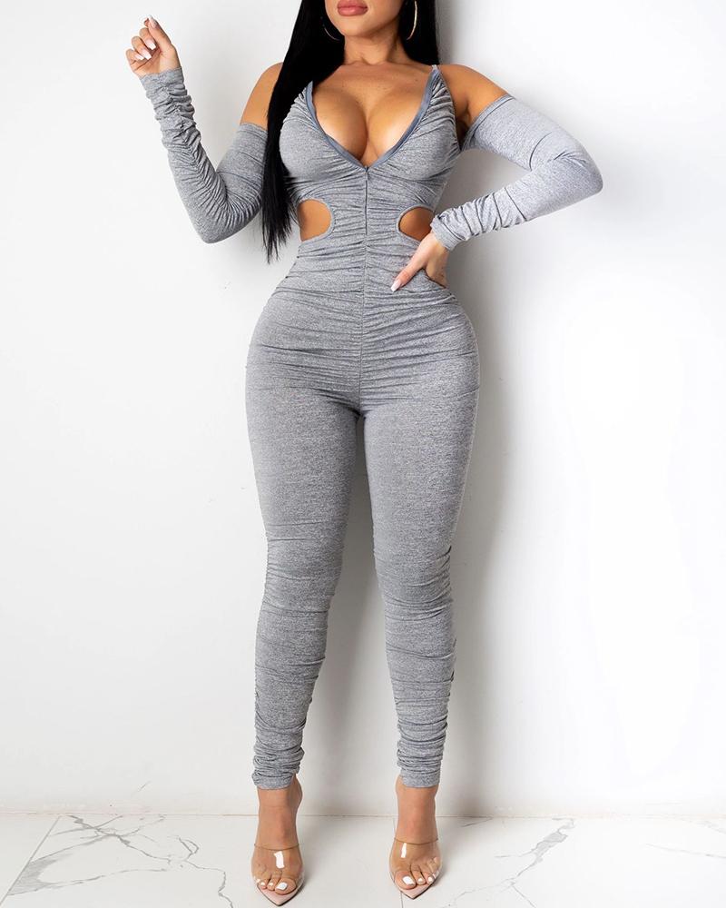 

Cold Shoulder Cutout Ruched Skinny Jumpsuit, White