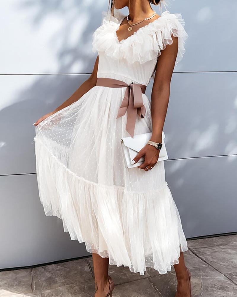 

Ruffles Trim Frill Hem Dot Mesh Prom Dress, White