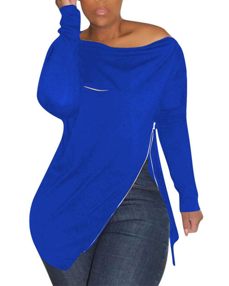 

Zipper Design Cold Shoulder Slit Sweatshirt, Blue