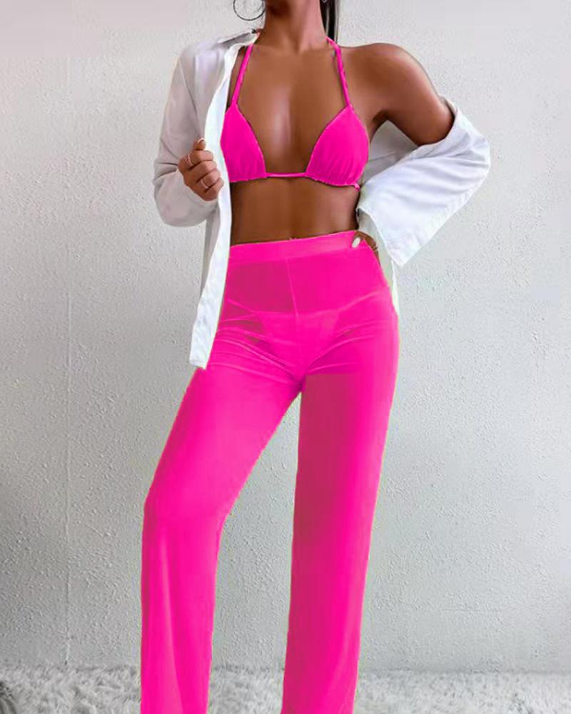 

3PCS Halter Bikini Set With Sheer Mesh Cover Up, Hot pink