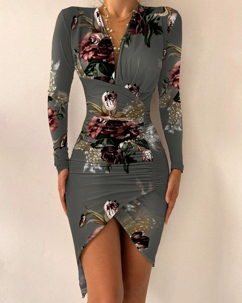 

Floral Print Asymmetrical Hem Ruched Long Sleeve Party Dress Slim Fit Bodycon Dress, Gray